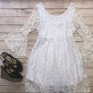 White Boho Lace Dress with Bell Sleeves